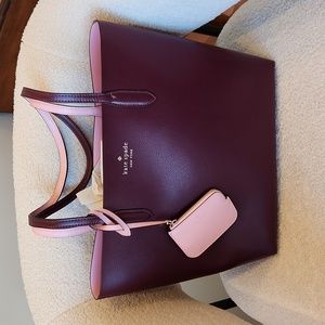 Kate Spade pink and burgundy reversible tote bag with small coin purse